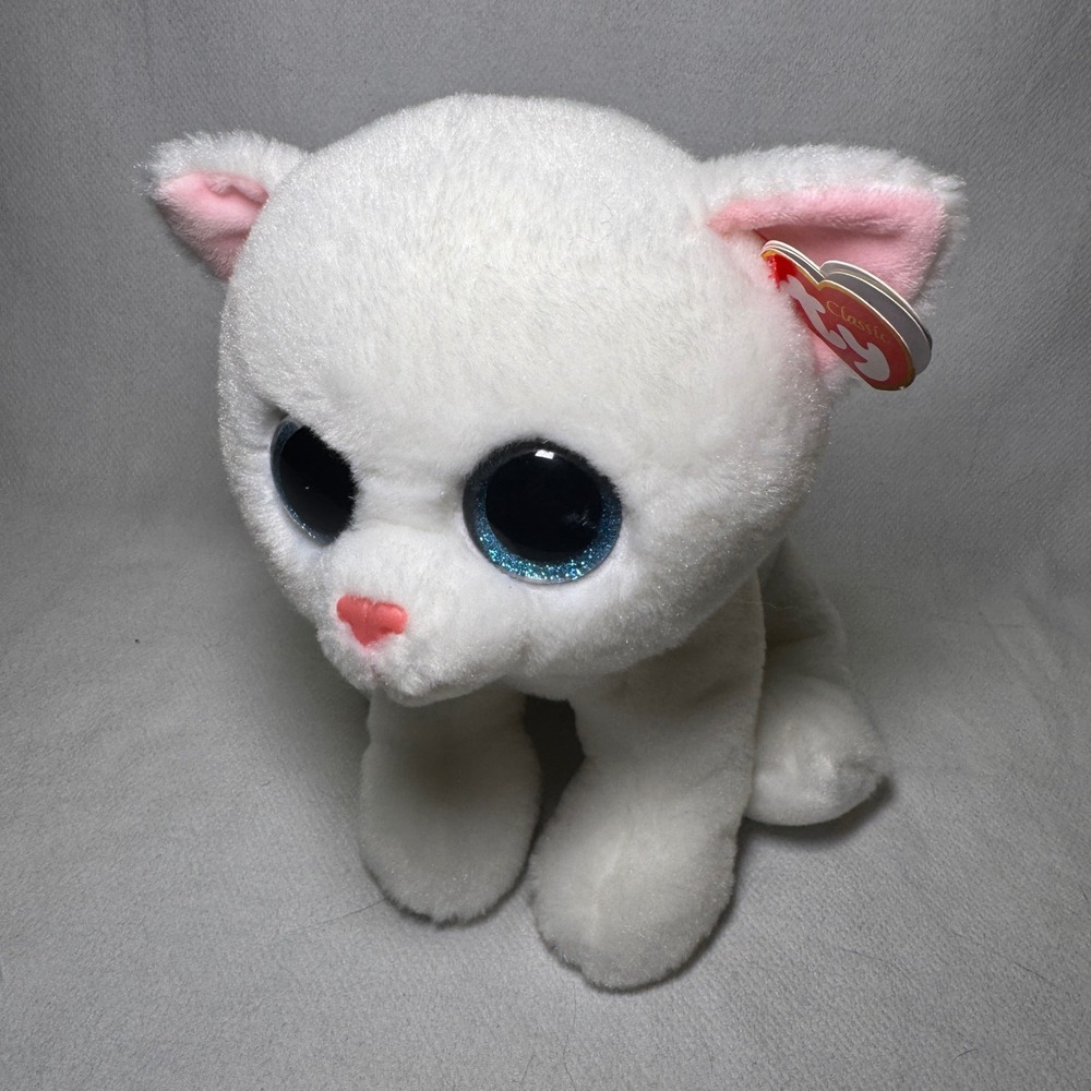 Ty Classic Pearl White‎ Cat Plush Blue Glitter Eyes 9 inch Stuffed Animal 2014